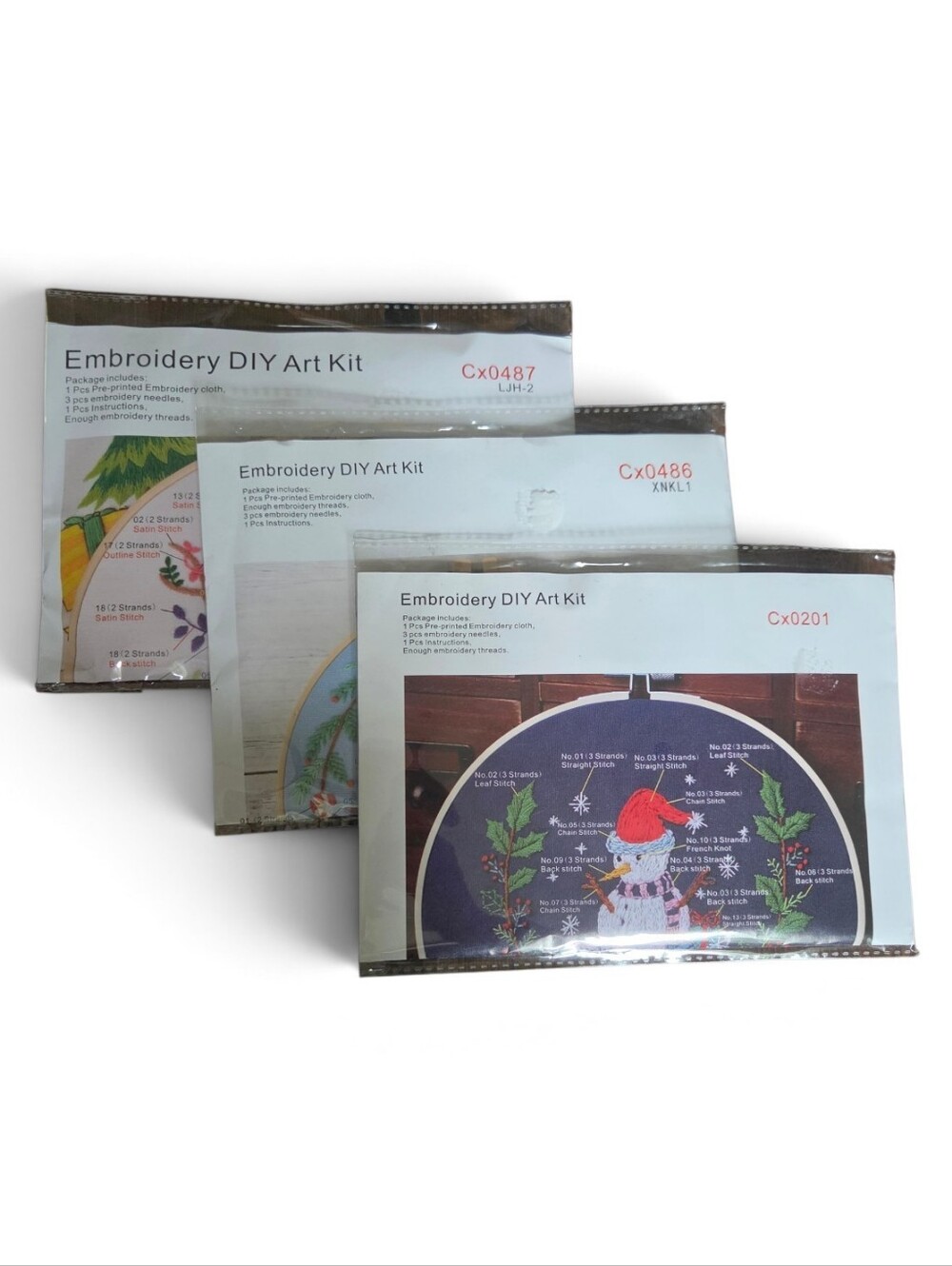 Lot 3 New Christmas Embroidery DIY Kits Snowman Reindeer Holiday No Hoop